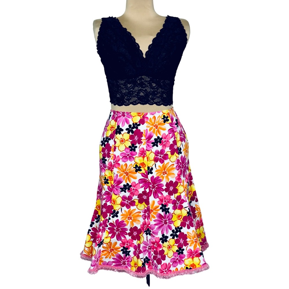 Vtg Floral Skirt Pink Orange Yellow Ribbon Hem Cotton Blend Size 10 MDL New York